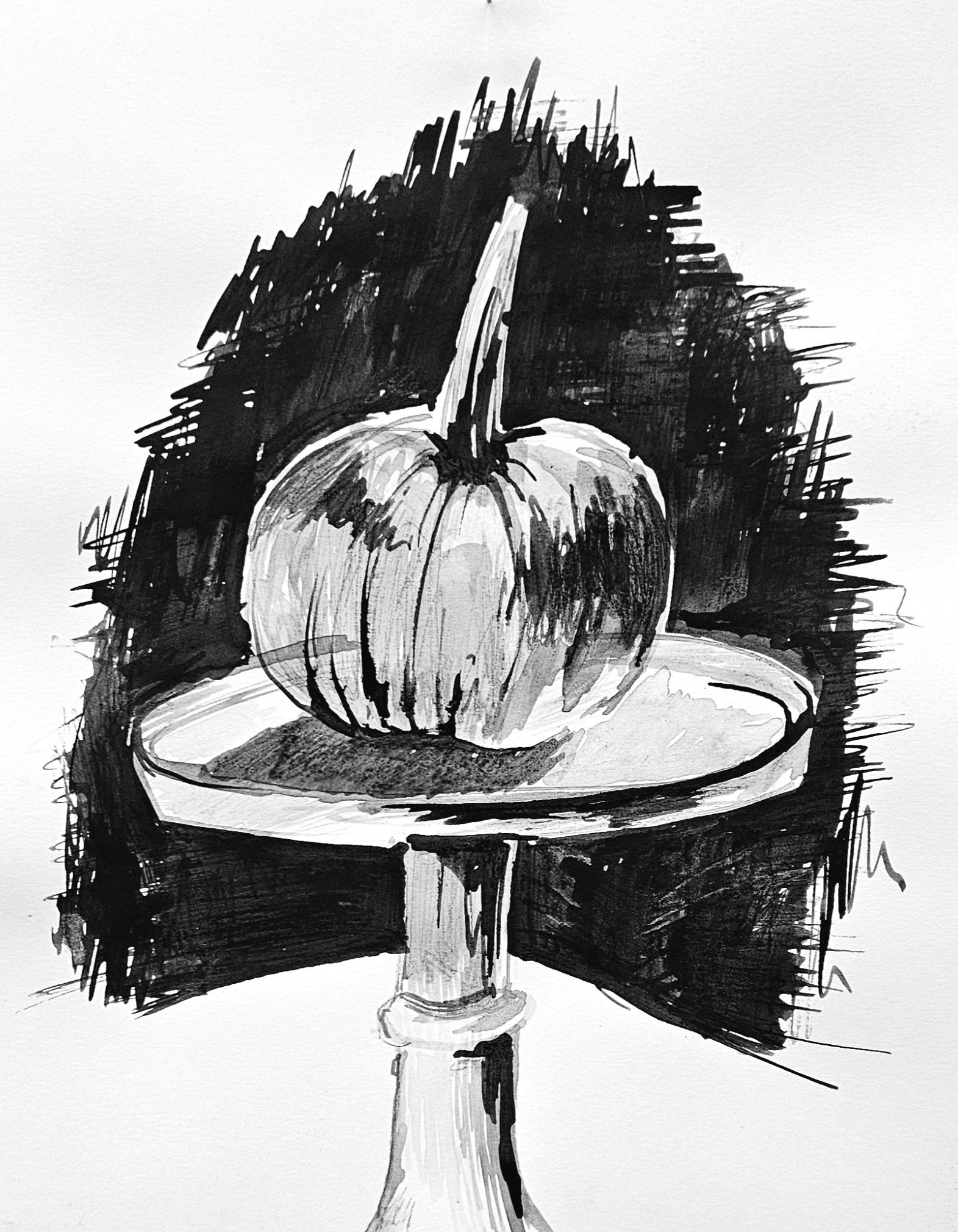 Drawing of a pumpkin. Ink with stick on paper.